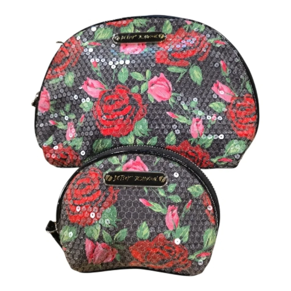 Betsey Johnson Sequined Rose Cosmetic Bag Set of 2 Black Floral Zip Closures
